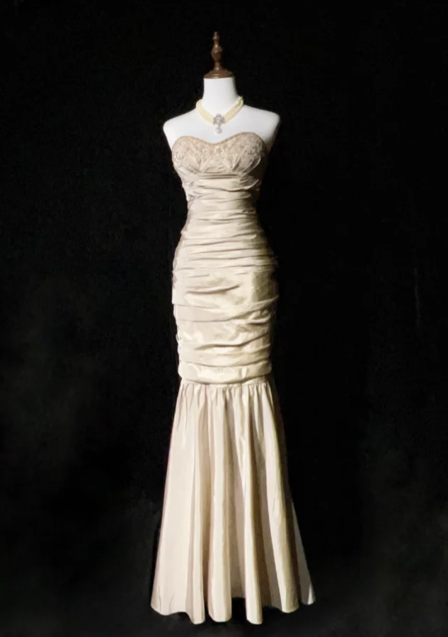 Elegant Strapless Satin Pleated Beaded Mermaid Long Wedding Guest Dress Formal Evening Dress Party Gown