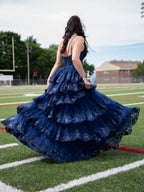 One Shoulder Appliques Ruffle Prom Dress Y6597
