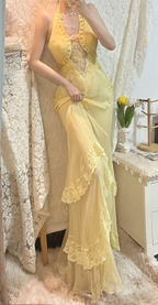Classy Halter Yellow Lace Chiffon Beaded Mermaid Long Evening Gown Party Dress