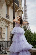 Dreamy Purple Train Strapless Tulle Ball Gown Evening Dress cc4849