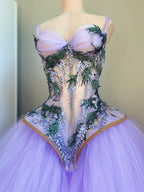 Dreamy Purple Strapless Halter Floral Tulle Long Ball Gown Evening Dress cc4868