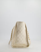 *HOT* Chanel White Small Deauville Tote Bag in Aged Calfskin Leather with Antique Gold Hardware and Pearl, Crystal Logo Detail