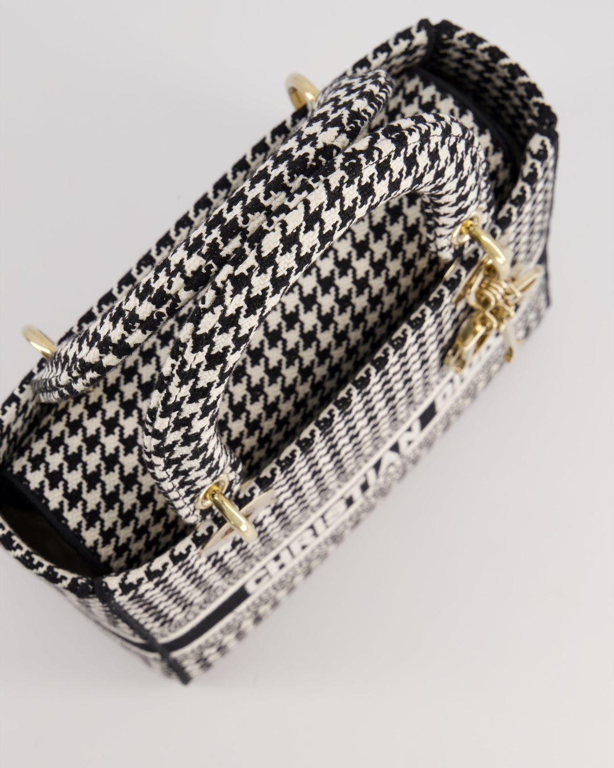 *RARE* Christian Dior Black & White Houndstooth Medium Lady Dior Bag in Canvas with Champagne Gold Hardware