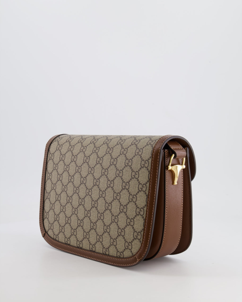 Gucci Horsebit 1955 Medium Shoulder Bag in Beige/Dark Brown GG Supreme Monogram Canvas &amp; Brown Leather Trim with Gold Hardware RRP £2,400