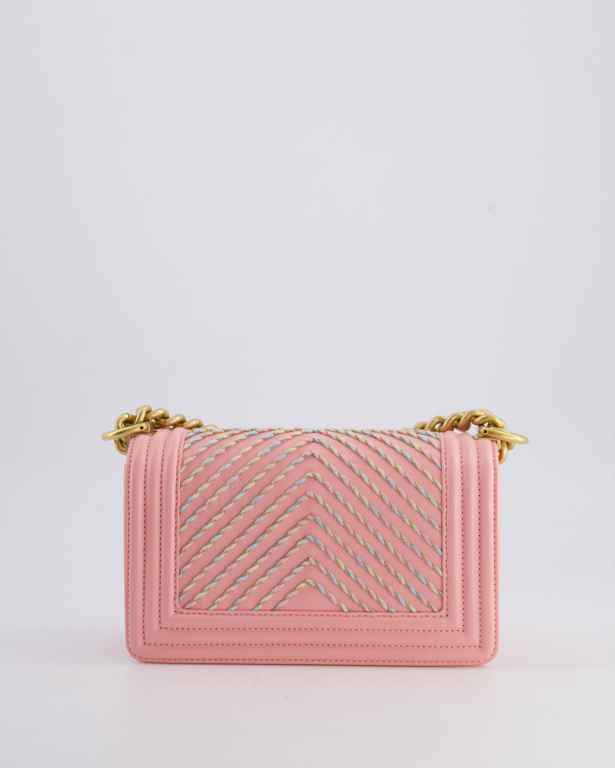 Chanel Pink Small Boy Bag in Lambskin Leather with Pastel Chevron Detail and Brushed Gold Hardware