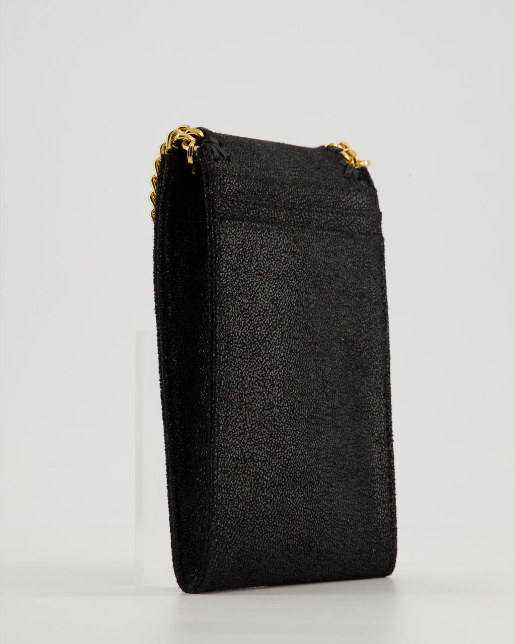 Stella McCartney Black Vegan Leather Falabella Cross-Body Phone Pouch with Gold Chain Detail