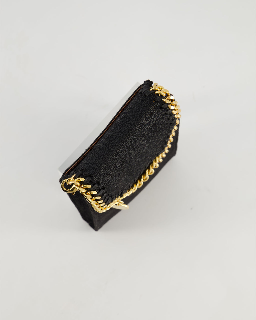 Stella McCartney Black Vegan Leather Falabella Cross-Body Phone Pouch with Gold Chain Detail