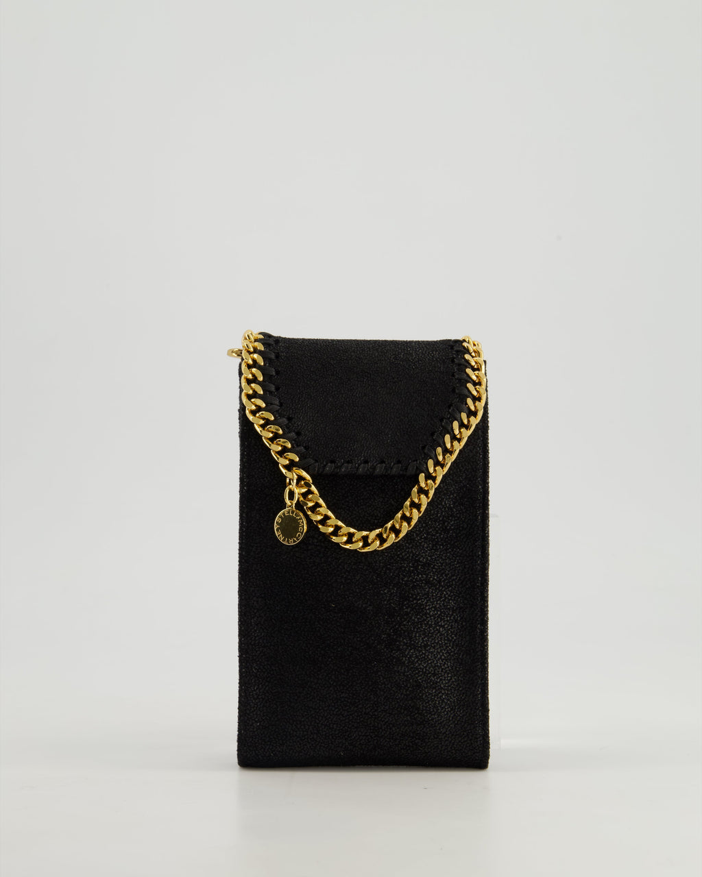 Stella McCartney Black Vegan Leather Falabella Cross-Body Phone Pouch with Gold Chain Detail