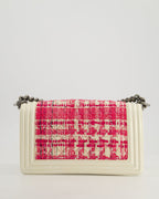 Chanel White and Pink Medium Boy Bag in Patent Leather and Tweed with Ruthenium Hardware