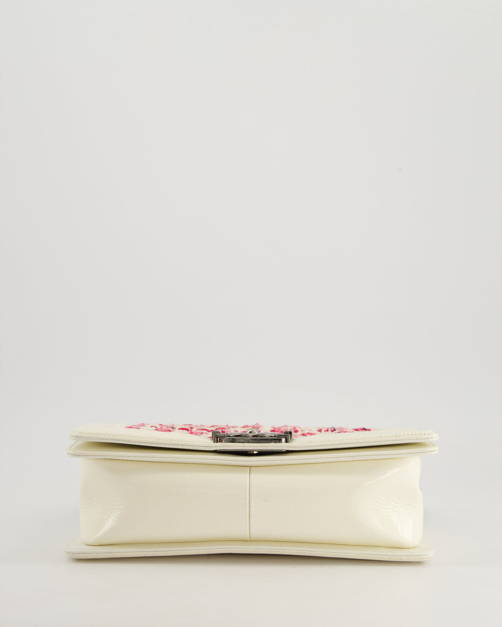 Chanel White and Pink Medium Boy Bag in Patent Leather and Tweed with Ruthenium Hardware