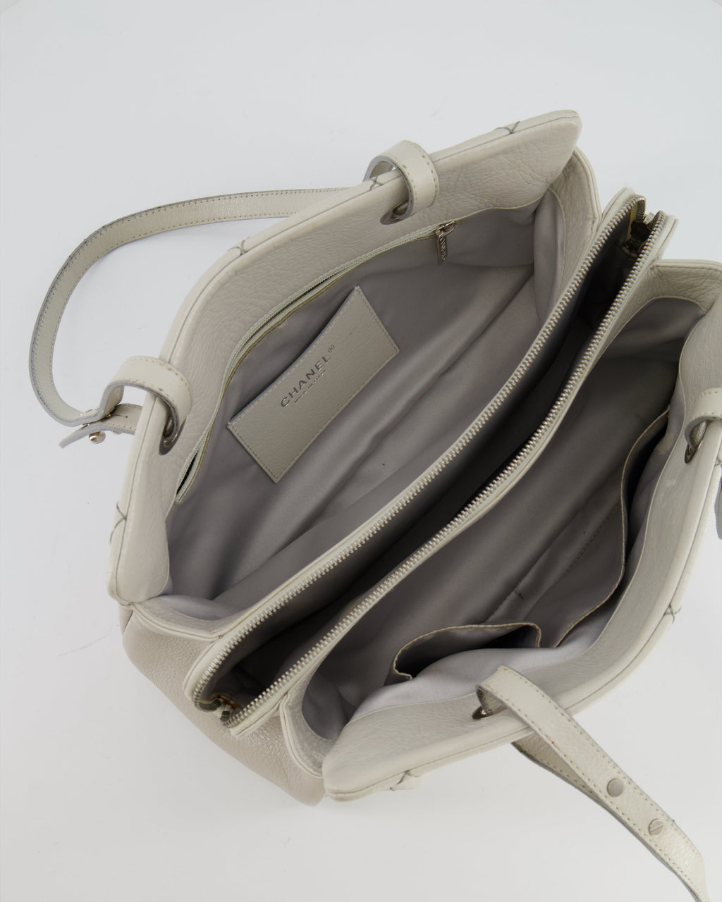 Chanel Light Grey Matelasse Leather Shoulder Tote Bag with Silver Hardware