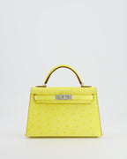 Hermès Mini Kelly II 20cm Bag in Jaune Citron Ostrich Leather with Palladium Hardware