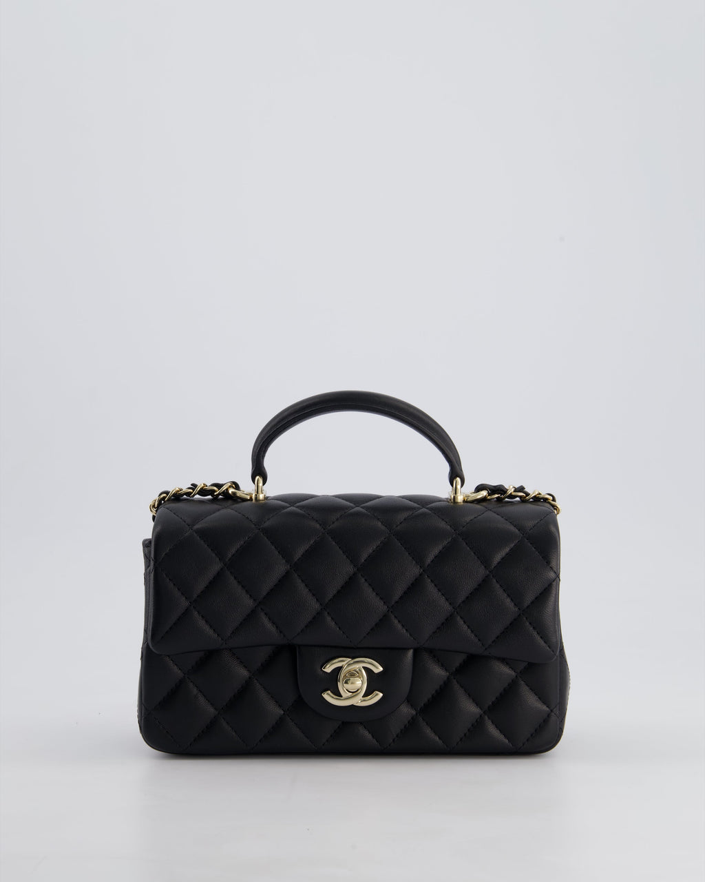 Chanel Black Mini Rectangular Top Handle Bag in Lambskin Leather with Champagne Gold Hardware