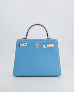 *VERY RARE* Hermès Kelly Sellier HSS 25cm Bag in Bleu Celeste and Gris Perle Chèvre Leather with Contrast Stitching and Brushed Palladium Hardware