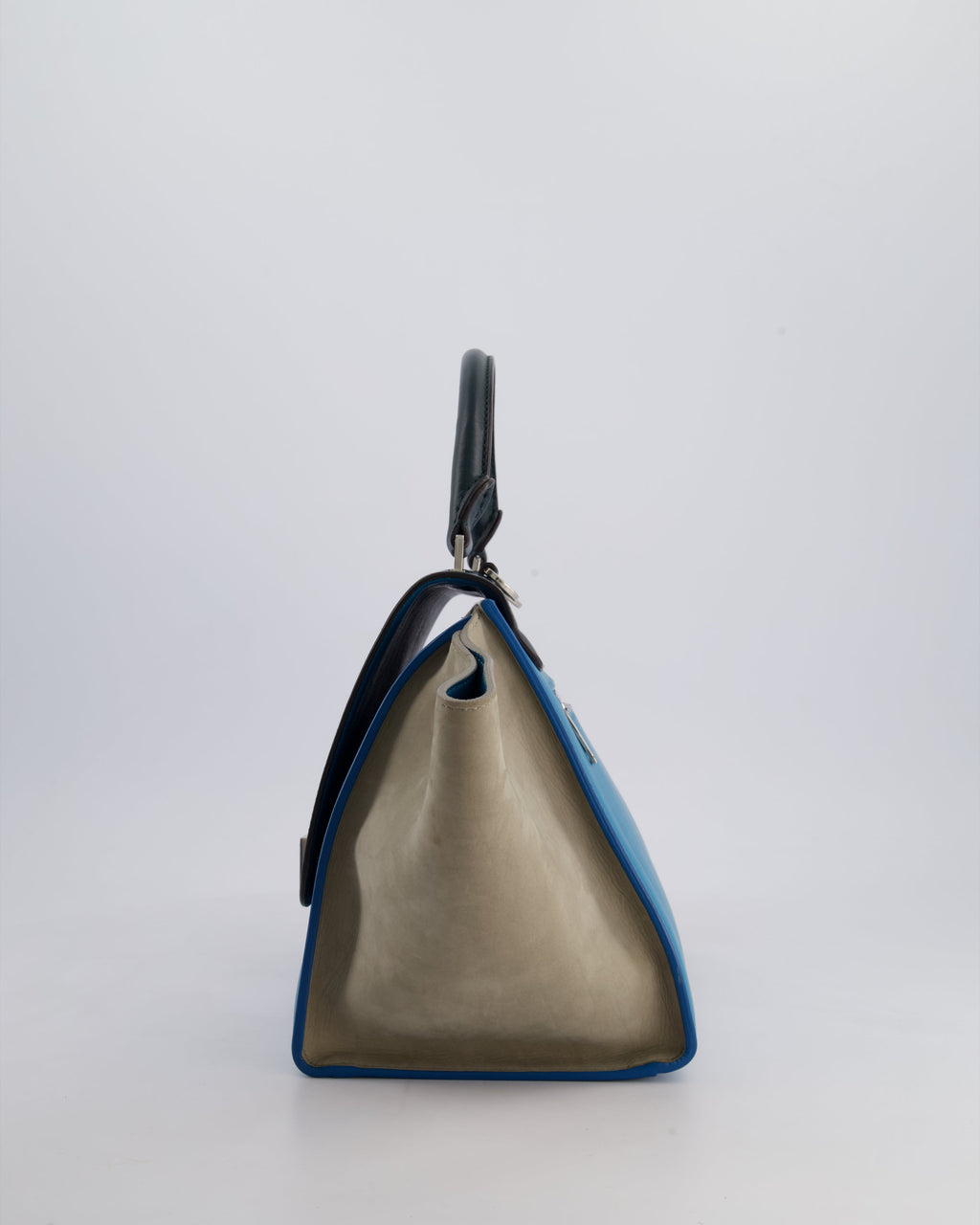 Celine Green, Blue Calfskin & Grey Suede Medium Trapeze Bag with Silver Hardware