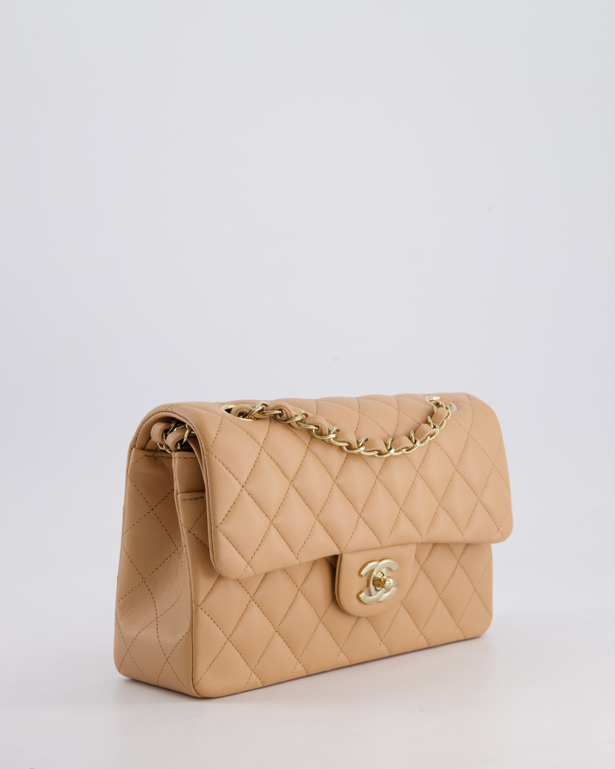 Chanel Beige Small Classic Double Flap Bag in Lambskin Leather with Champagne Gold Hardware