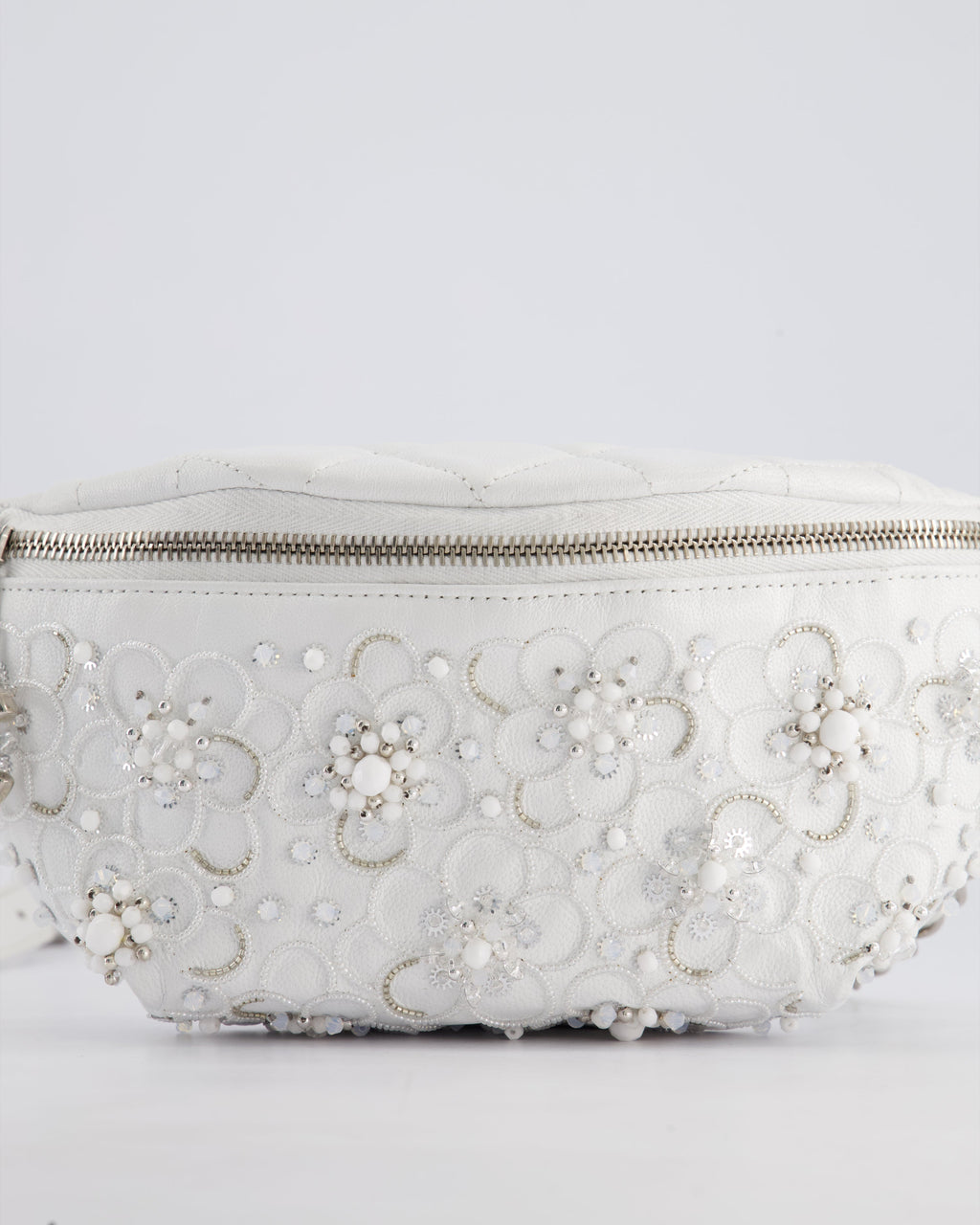 Chanel White Lambskin Leather Bum Bag with Silver Crystal Bead Embellishments and Silver Hardware RRP £4,660