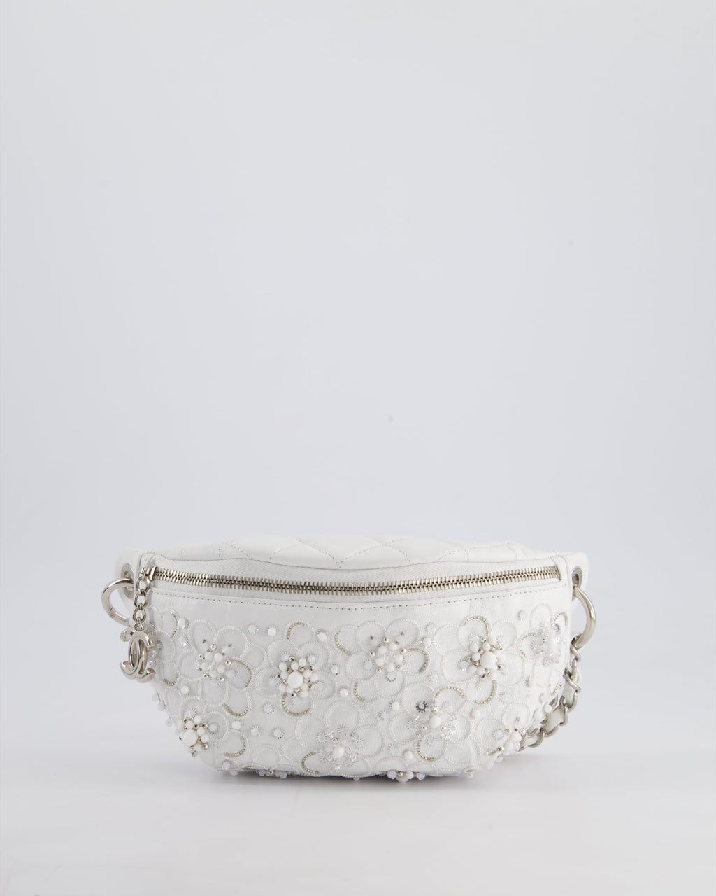 Chanel White Lambskin Leather Bum Bag with Silver Crystal Bead Embellishments and Silver Hardware RRP £4,660