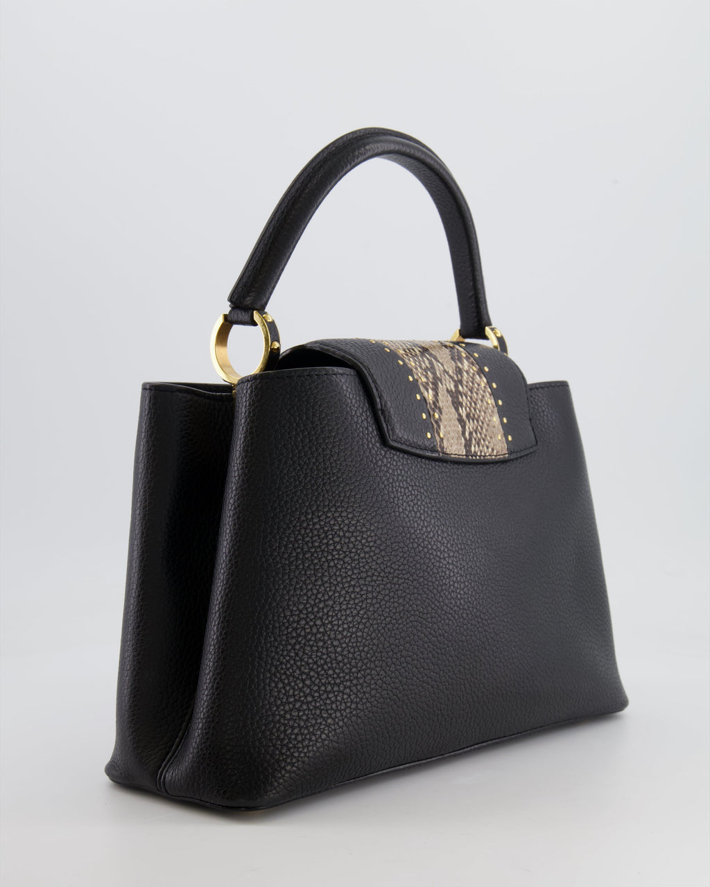 Louis Vuitton Capucines MM Bag in Black Leather and Beige Python Leather with Gold Hardware