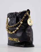*RARE* Chanel Mini 22 Bag in Black Shiny Calfskin with Gold Hardware and Pearls CC Chain Detail