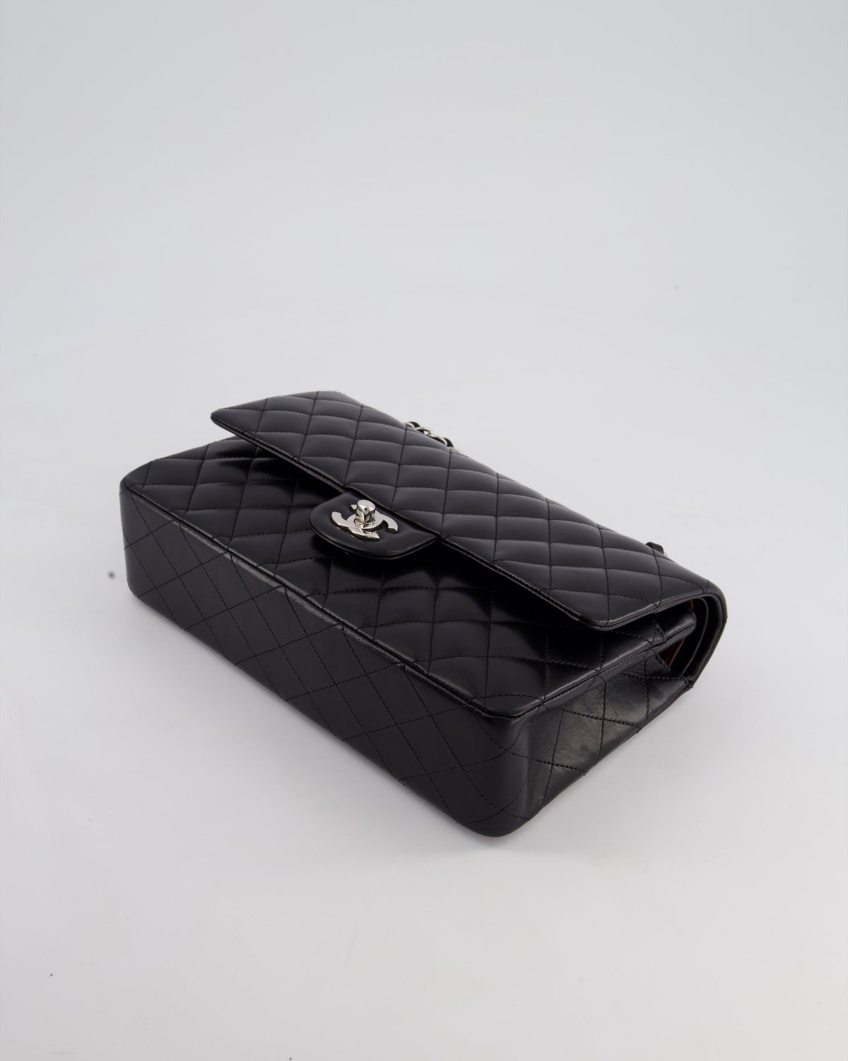 Chanel Black Medium Classic Double Flap Bag in Lambskin Leather with Silver Hardware