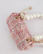 Chanel Pink Tweed Mini Rectangular Bag with Pearl Rope Handle and Champagne Gold Hardware