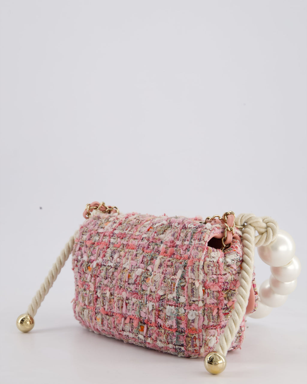Chanel Pink Tweed Mini Rectangular Bag with Pearl Rope Handle and Champagne Gold Hardware