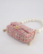 Chanel Pink Tweed Mini Rectangular Bag with Pearl Rope Handle and Champagne Gold Hardware