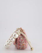 Chanel Pink Tweed Mini Rectangular Bag with Pearl Rope Handle and Champagne Gold Hardware