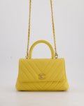 Chanel Small Mustard Yellow Coco Flap Top Handle Bag in Caviar Chevron Leather with Brushed Gold Hardware