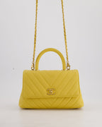 Chanel Small Mustard Yellow Coco Flap Top Handle Bag in Caviar Chevron Leather with Brushed Gold Hardware