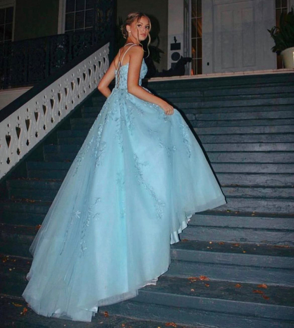 Princess Blue Strappy Embroidered Tulle Ball Gown Evening Dress cc4963
