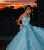 Princess Blue Strappy Embroidered Tulle Ball Gown Evening Dress cc4963