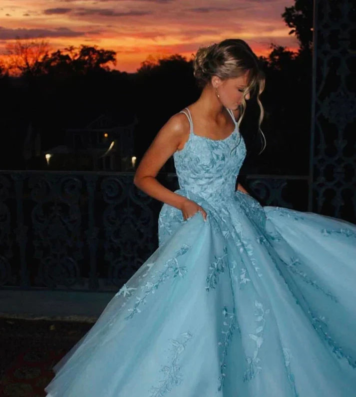 Princess Blue Strappy Embroidered Tulle Ball Gown Evening Dress cc4963