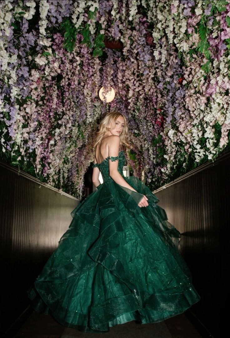 Dreamy Dark Green Off-shoulder Layered Tulle Ball Gown Evening Dress cc4966
