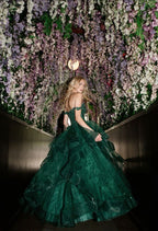 Dreamy Dark Green Off-shoulder Layered Tulle Ball Gown Evening Dress cc4966