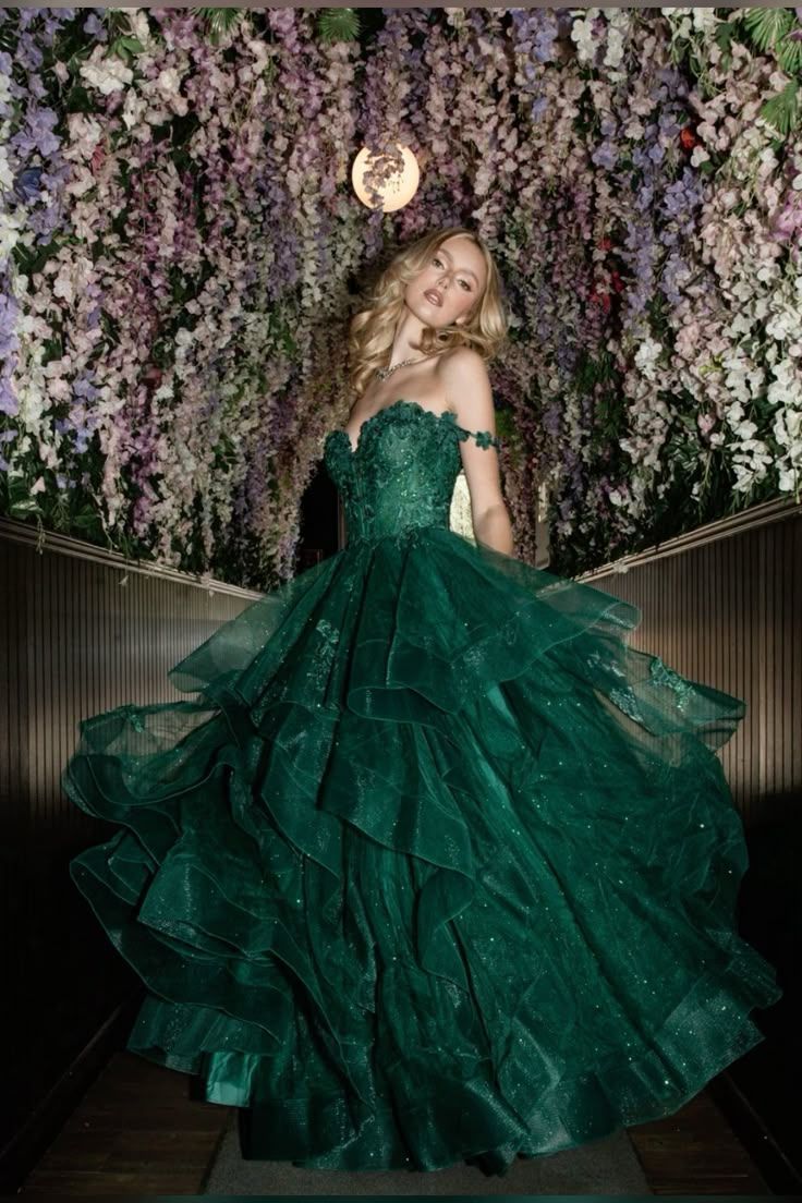Dreamy Dark Green Off-shoulder Layered Tulle Ball Gown Evening Dress cc4966