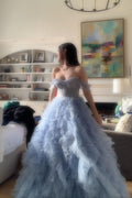 Fantasy Princess Light Blue Off-shoulder Layered Tulle Ball Gown Evening Dress cc4967