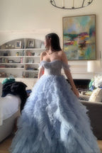 Fantasy Princess Light Blue Off-shoulder Layered Tulle Ball Gown Evening Dress cc4967