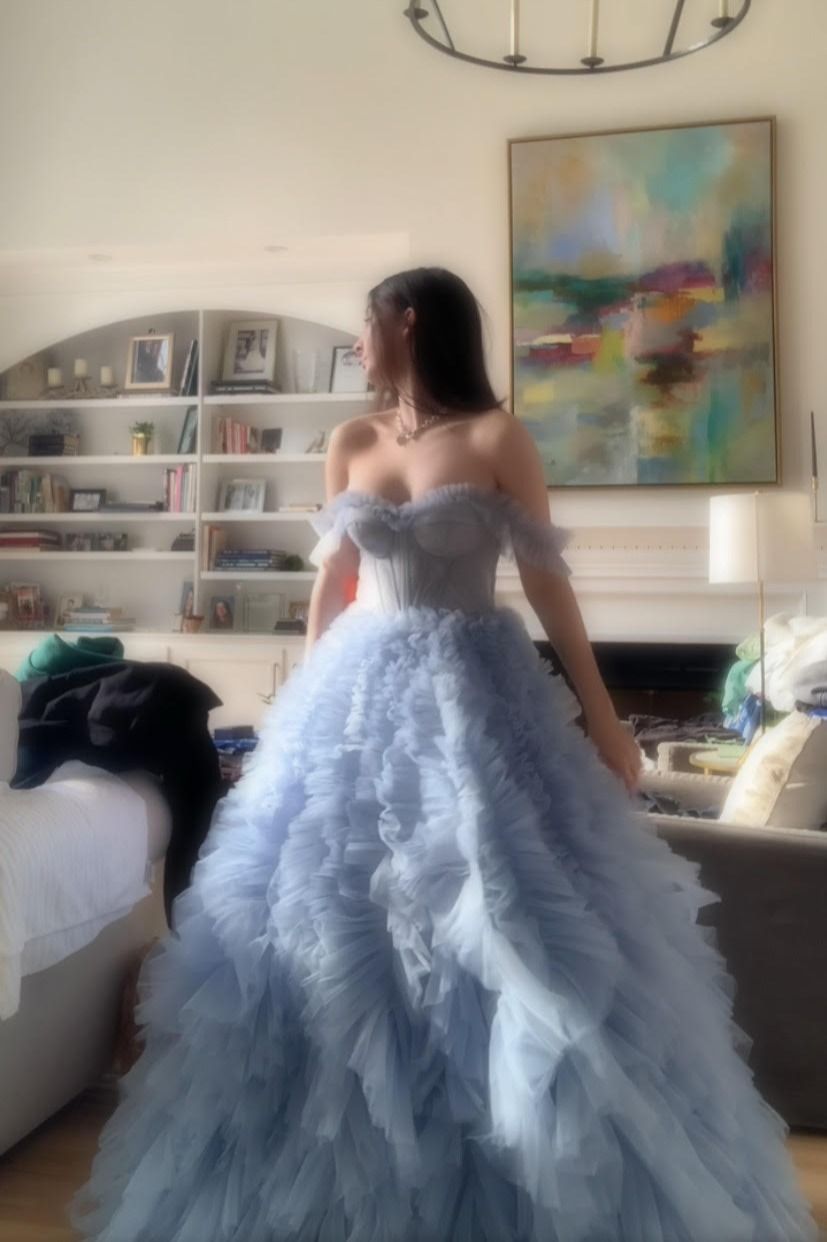 Fantasy Princess Light Blue Off-shoulder Layered Tulle Ball Gown Evening Dress cc4967