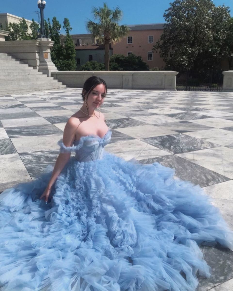 Fantasy Princess Light Blue Off-shoulder Layered Tulle Ball Gown Evening Dress cc4967