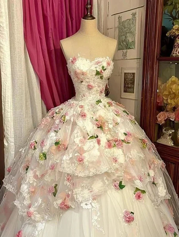 Dreamy Princess Strapless 3D Floral Lace Tulle Ball Gown Evening Dress Sweet 16 Dress cc5015