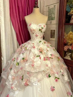Dreamy Princess Strapless 3D Floral Lace Tulle Ball Gown Evening Dress Sweet 16 Dress cc5015