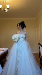 Gorgeous White Strapless 3D Floral Tulle Ball Gown Wedding Dress cc5018