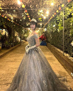 Dreamy Princess Silver-Gray Off-Shoulder Sequined Tulle Ball Gown Evening Dress Sweet 16 Dress cc5064