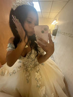 Princess Champagne Gold Off-the-Shoulder Tulle Ball Gown Evening Dress Sweet 16 Dress cc5183