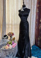 Fashion Black Spaghetti Straps Satin Beaded Mermaid Long Evening Dress Formal Wedding Guest Dress SP1614