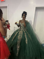 Court Luxury Dark Green Sweetheart Neck Gold Foil Embroidered Tulle Ball Gown Evening Dress Sweet 16 Dress cc5214