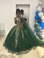 Court Luxury Dark Green Sweetheart Neck Gold Foil Embroidered Tulle Ball Gown Evening Dress Sweet 16 Dress cc5214