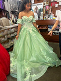 Princess Green One-Shoulder 3D Floral Tulle Ball Gown Evening Dress Sweet 16 Dress cc5225